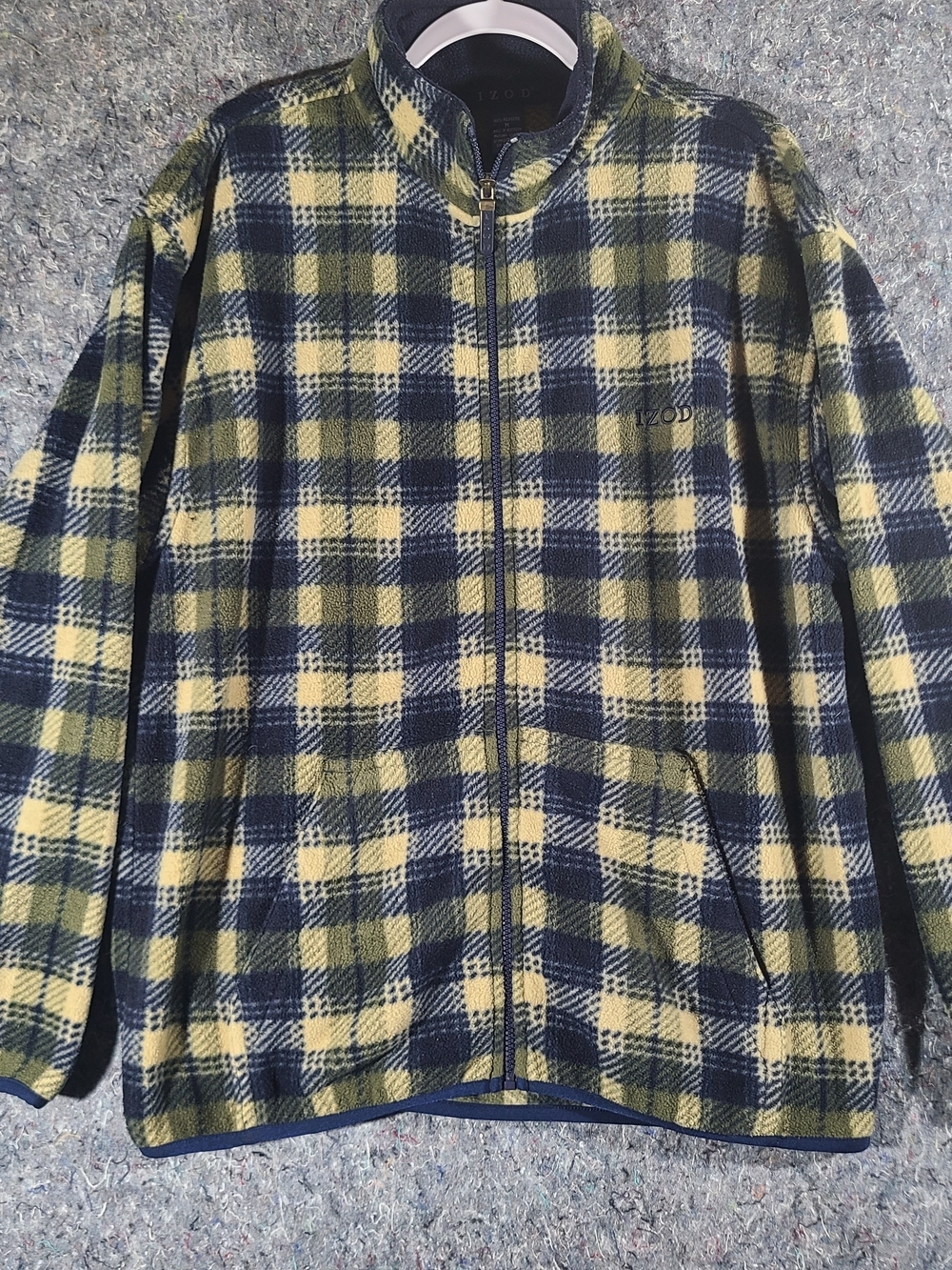 IZOD Plaid Zip-Up Fleece Jacket in Navy & Yellow